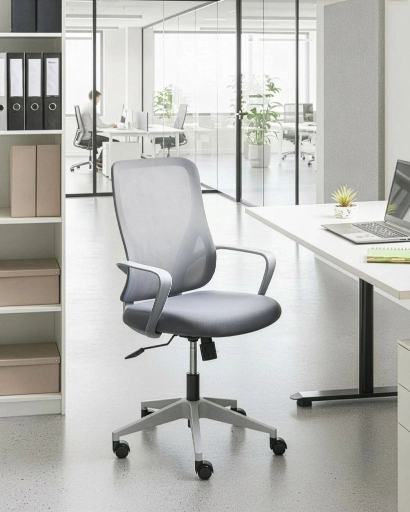 Sedia da ufficio in tessuto grigio chiaro rivestimento in rete girevole da scrivania per computer seduta regolabile schienale reclinabile
