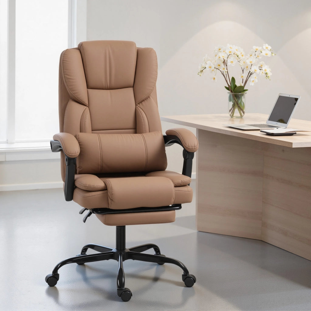 Sedia da Ufficio Reclinabile 65x67x111-119 cm con Poggiapiedi e Rotelle in Finta Pelle Marrone