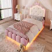 Letto singolo a forma di corona, 90 x 200 cm, con rete a doghe, LED ambientale, rosa, PU