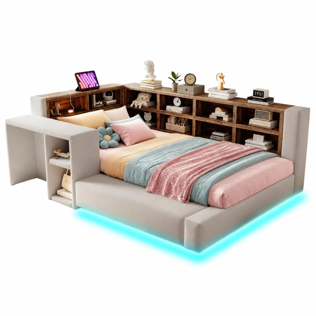 Letto imbottito 90 x 200 cm con contenitore; LED e prese integrate; grigio chiaro