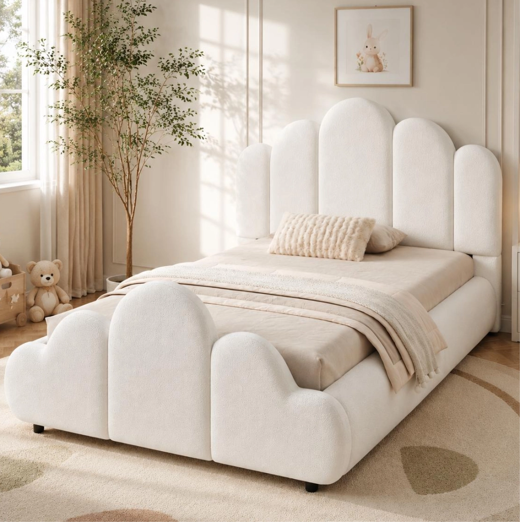 Letto imbottito 90x200 cm con angoli arrotondati in bouclé beige
