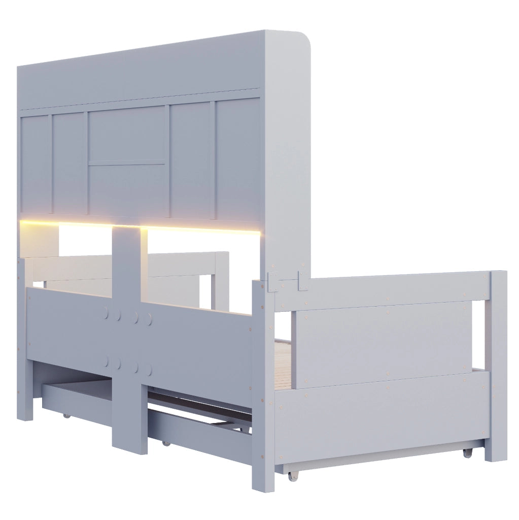 Divano letto estraibile in legno con cassetti; LED e presa; grigio; 90x190 cm