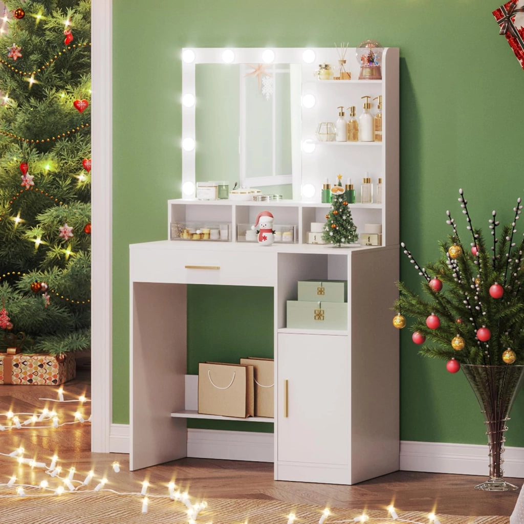 Hzuaneri Toeletta da Trucco, Luminosità Regolabile,Tavolo da Trucco con Specchio Grande, ampio cassetto e armadietto, Durevole e stabile, Moderno, Bianco VT08103X