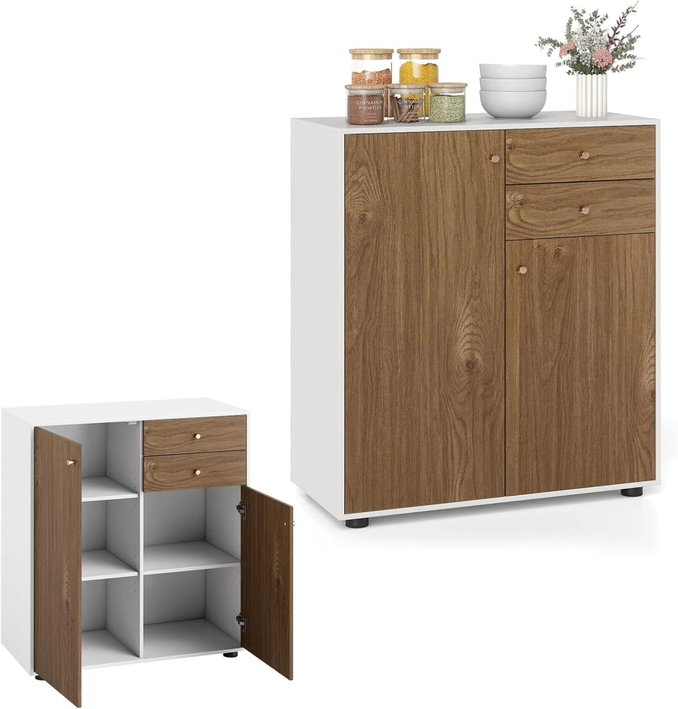 Mobile Dispensa con 2 Cassetti, Credenza da Cucina con 2 Ante, Mobiletto Basso con 3 Ripiani Regolabili, Armadio a Buffet per Sala da Pranzo, Soggiorno, 74x35x85,5 cm(L x P x A) (Naturale)