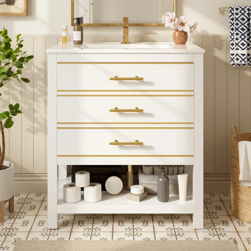 Mobile sottolavabo con lavabo in ceramica, 2 cassetti e vano aperto, finitura lucida, per bagno, bianco oro, 76 cm