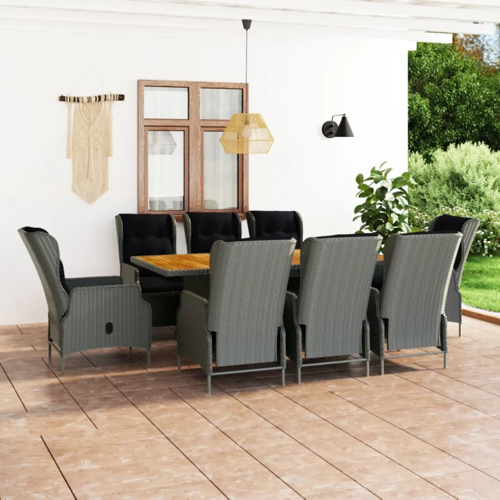 Set Pranzo da Giardino 9pz con Cuscini Polyrattan Grigio Chiaro