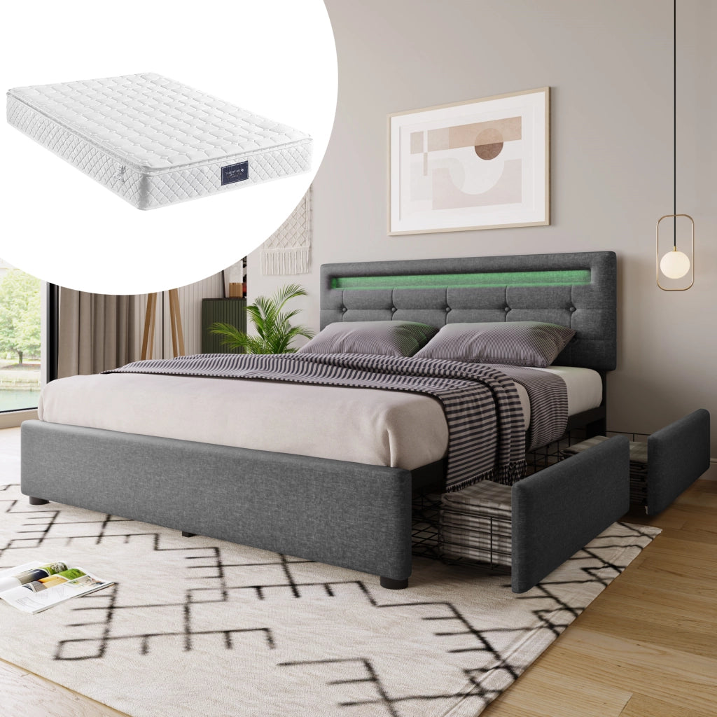 LETTO imbottito con LED e 4 cassetti 140x200 cm grigio