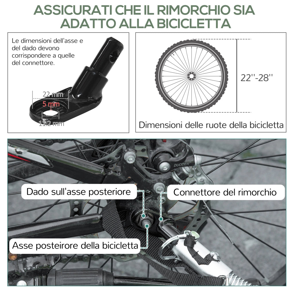Carrello Bici da 70L con 2 Ruote da 16" 2 Catarifrangenti e Bandierina 125x64x53,5 cm in Acciaio e PE Nero