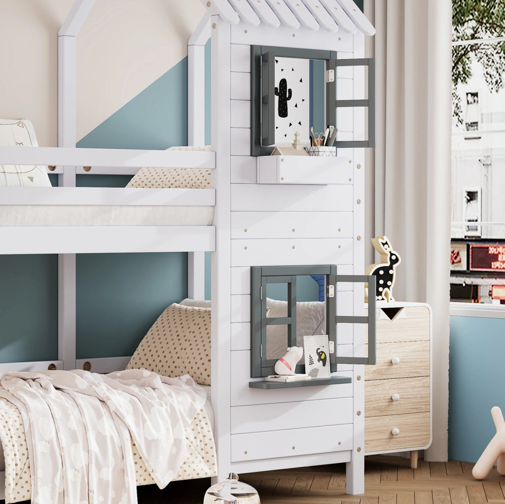 Letto a castello per bambini in pino bianco con ringhiera e finestra, 90x200 cm