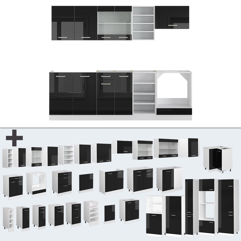 Cucina componibile R-Line Nero lucido/Bianco 240 cm, PL Rovere Vicco