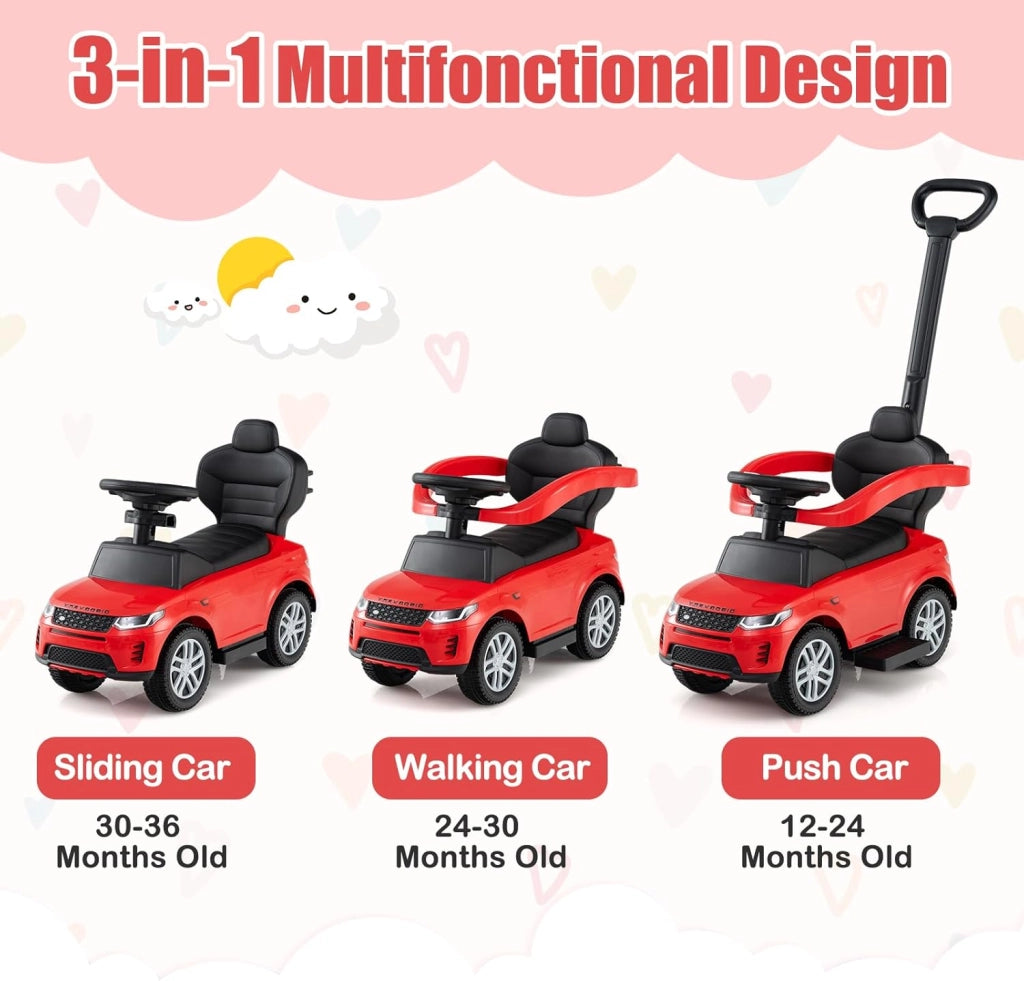 Macchina Cavalcabile per Bambini 1-3 Anni, Cavalcabile Bambino 3 in 1, Pignée Amovibile, Guida Realistica con Volante, Clacson, Musica, Carico 25 kg, Ruote Antiscivolo, Regali Bambini (Rosso)