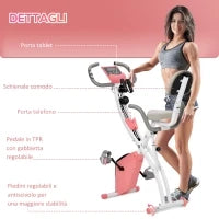 Cyclette Pieghevole 2 in 1, Resistenza Magnetica Regolabile 8 Livelli, Cyclette da Casa Silenziosa con Sensore di Frequenza Cardiaca, Elastici per Braccia, Schermo LCD, Volano 2.5kg, Rosa