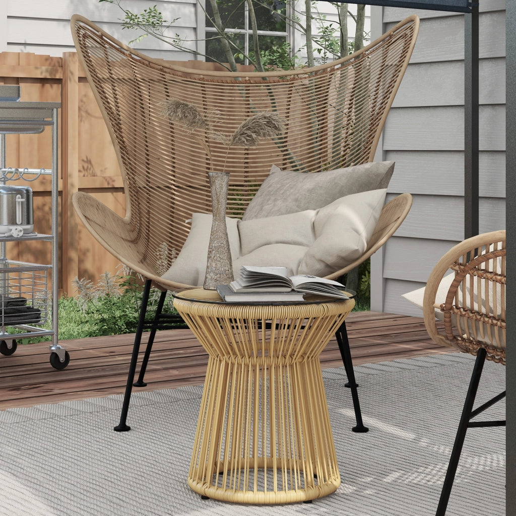 Tavolino da caff¨¨ rotondo in rattan sintetico ¨C Xylo ¨C Piano in vetro beige ?40x42 cm