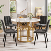 Tavolo da pranzo rotondo con 4 sedie in velluto, piano in MDF effetto marmo, base in metallo, per cucina e sala da pranzo, 100 × 100 × 76 cm