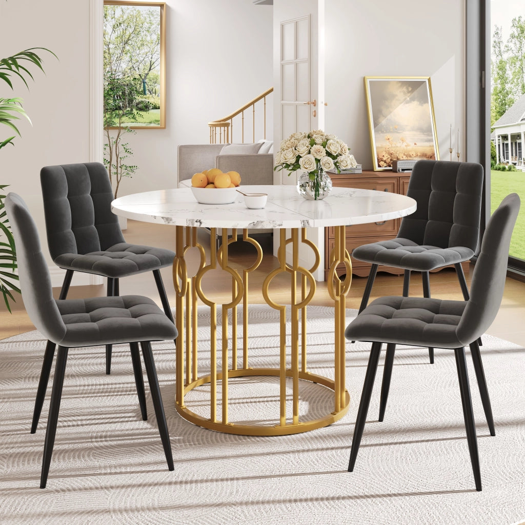 Tavolo da pranzo rotondo con 4 sedie in velluto, piano in MDF effetto marmo, base in metallo, per cucina e sala da pranzo, 100 × 100 × 76 cm