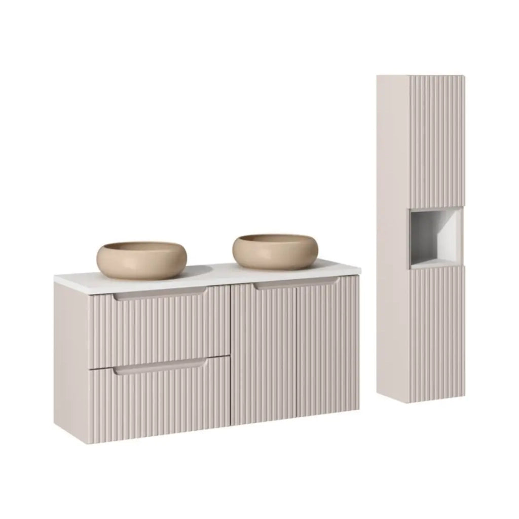 Insieme VANO cashmere e bianco 150cm: mobile sottolavabo con cassetti e armadietti + lavabi da appoggio marrone cappuccino + colonna