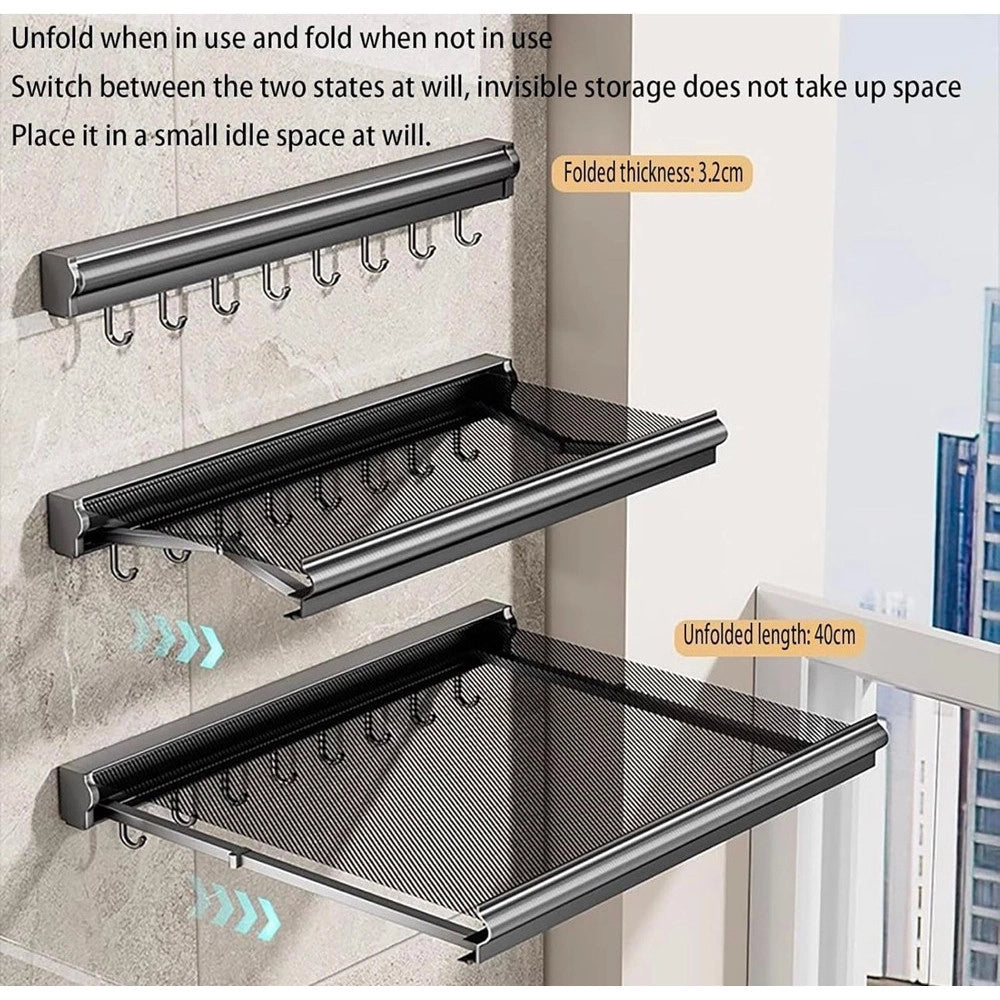Trade Shop - Stendibiancheria Salvaspazio Da Parete Vestiti Balcone Maglia A Rete Retrattile Con Ganci -