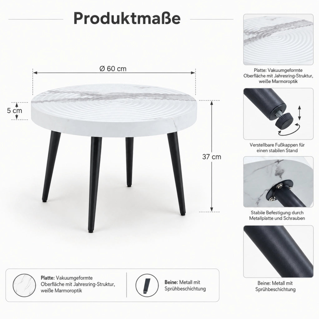 Tavolino rotondo 73.99x73.61x22.5 cm con piano effetto marmo e scanalature; MDF e metallo; bianco