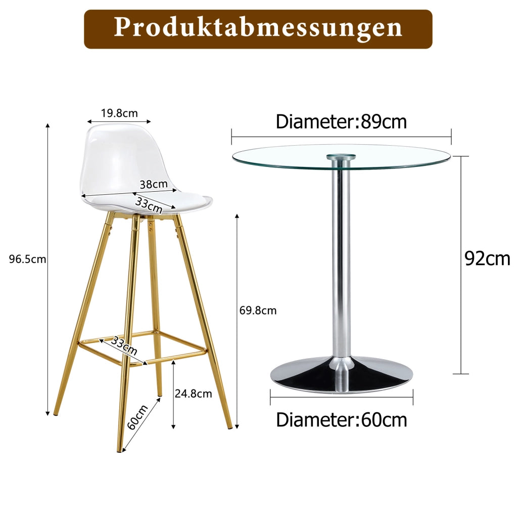 Set bar con tavolo rotondo in vetro ? 89 cm e 2 sgabelli trasparenti con gambe oro