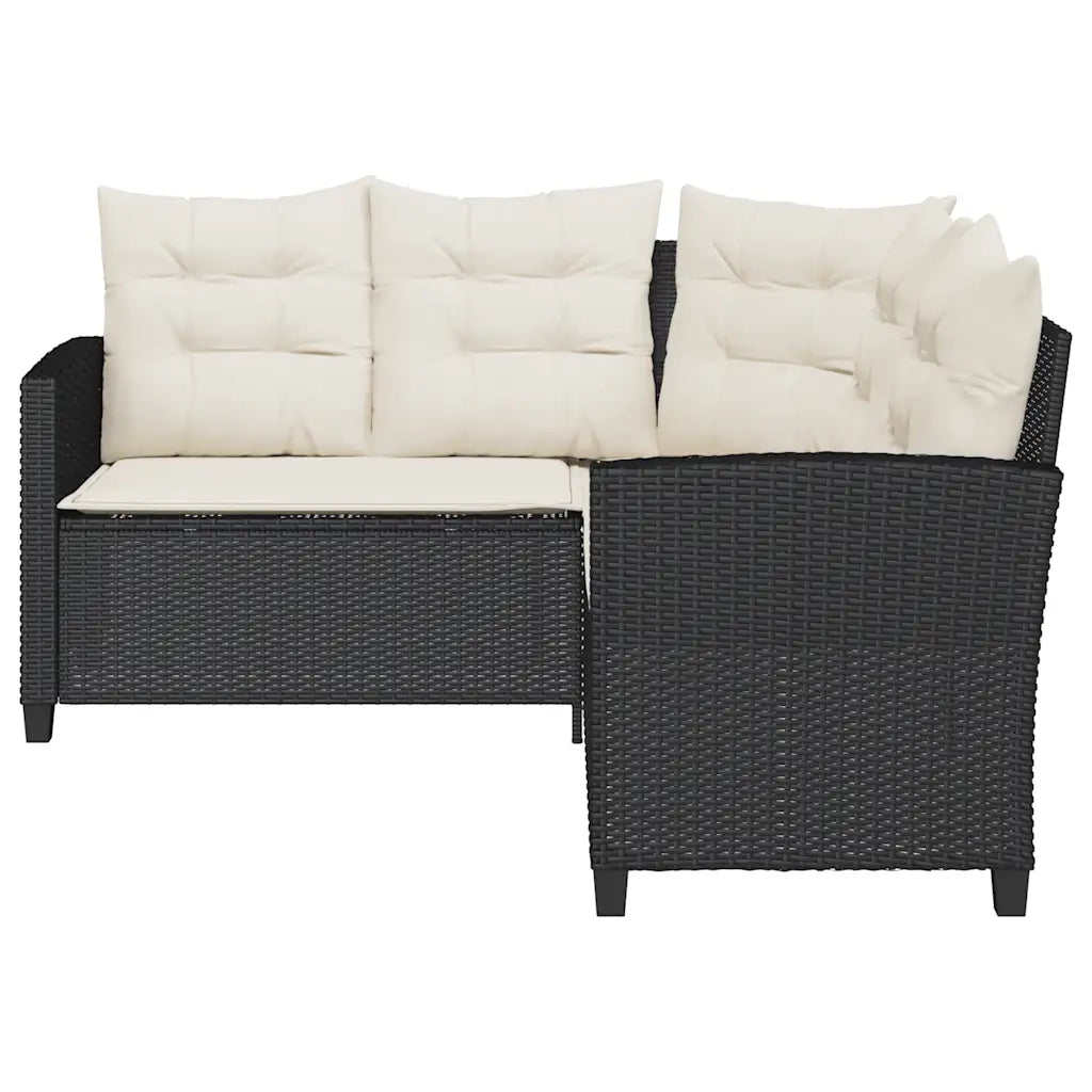 Divano da Giardino con Tavolo e Cuscini a L Nero in Polyrattan
