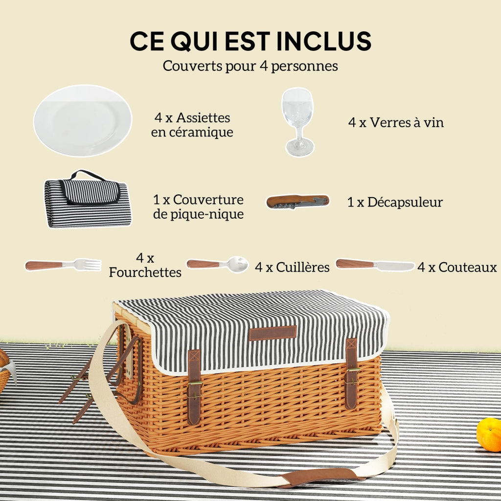 Cestino da Picnic in Vimini 4 Persone con Tavolo da Vino in Pino ¨C zephmum ¨C Marrone Chiaro