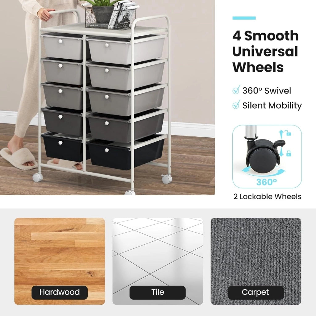 Carrello con 10 cassetti, impilabile, carrello per cassetti, carrello da cucina con ruote bloccabili, carrello per cucina, bagno, ufficio, 65,5 x 37 x 87 cm, grigio scuro e nero