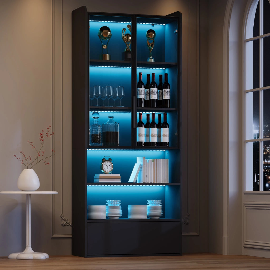 Vetrina alta con LED, 1 cassetto e 6 vani, ante in vetro, in MDF, per soggiorno, nero, 80 × 34 × 180 cm