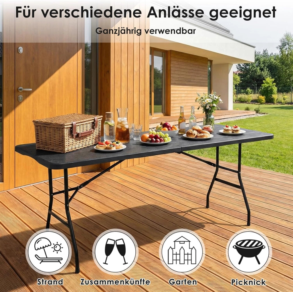 Tavolo da Giardino Pieghevole 180x75 cm,Tavolo da Buffet con Impugnatura di Trasporto,Tavolo Pieghevole in HDPE Plastica per 10 Persone,Ottica in Legno,Tavolo da Campeggio Tavolo Feste