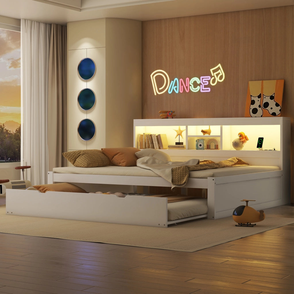 Letto a Divanetto 140x200 cm; Letto Estraibile con Presa; USB e LED - Bianco