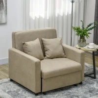 Poltrona Letto in Tessuto Effetto Velluto Marrone Chiaro con 2 Cuscini e Spazio Portaoggetti, 100x98x88 cm