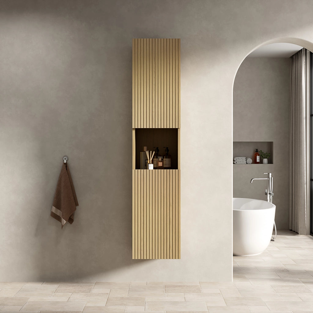 Armadietto da bagno con 2 ante e 1 vano aperto, per bagno, in multistrato, rovere dorato, 168 × 43 × 17 cm