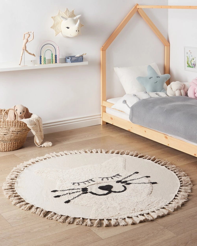 Tappeto Beige Cotone ø 120 cm Rotondo Decorativo Gatto Motivo Nappe Stile Boho Soggiorno Bambini Camera dei bambini