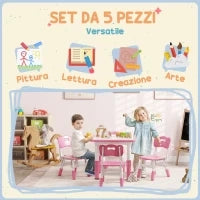 Set Tavolo e Sedie per Bambini 5pz con 4 Sedie Regolabili 32x36x52.5-56 cm e Tavolo 60x60x46-58 cm, Rosa