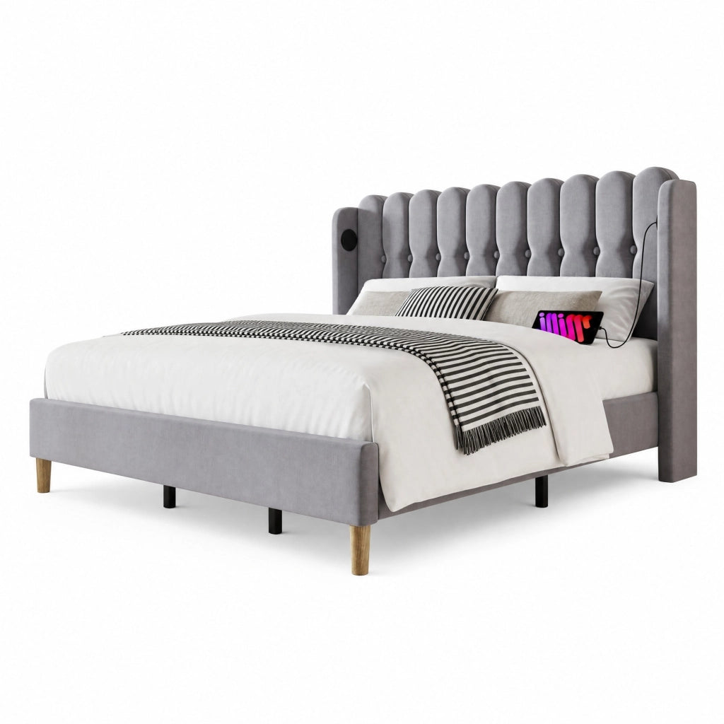 Letto matrimoniale imbottito 180x200 cm in lino grigio con USB e USB-C