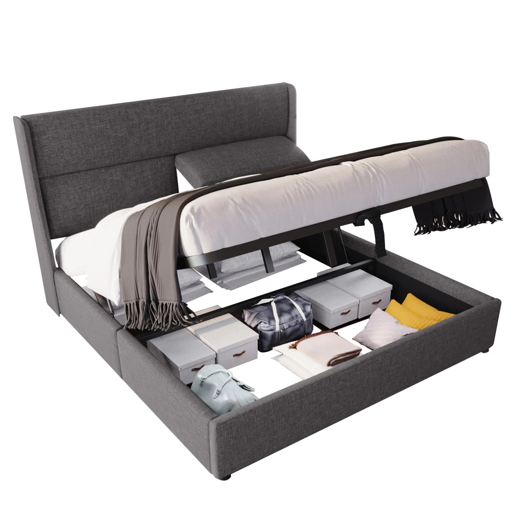 Letto in lino grigio 160x200 poggiatesta regolabile vano idraulico doghe metalliche