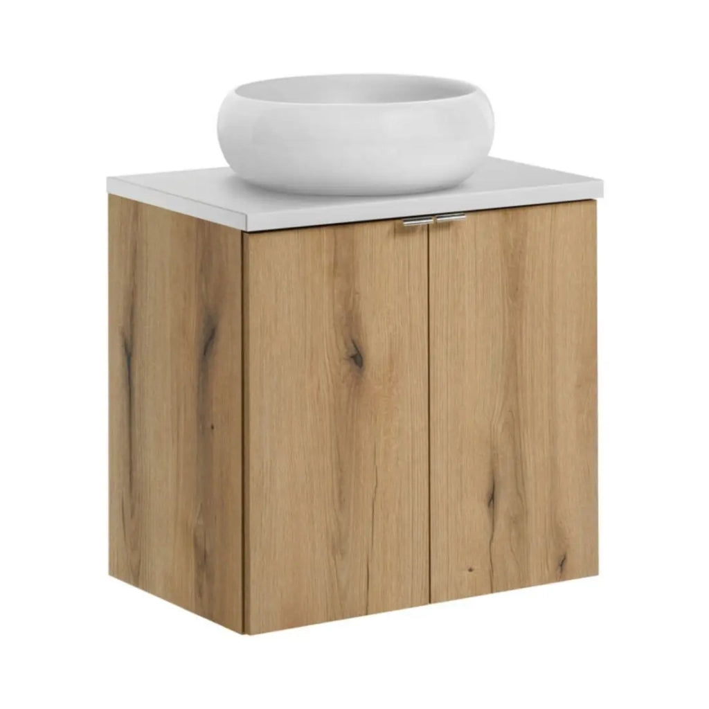 Set VANO effetto rovere e bianco 60cm: mobile sotto lavabo con armadietti + piano per lavabo + lavabo da appoggio rotondo bianco