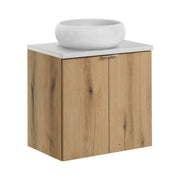 Set VANO effetto rovere e bianco 60cm: mobile sotto lavabo con armadietti + piano per lavabo + lavabo da appoggio rotondo bianco