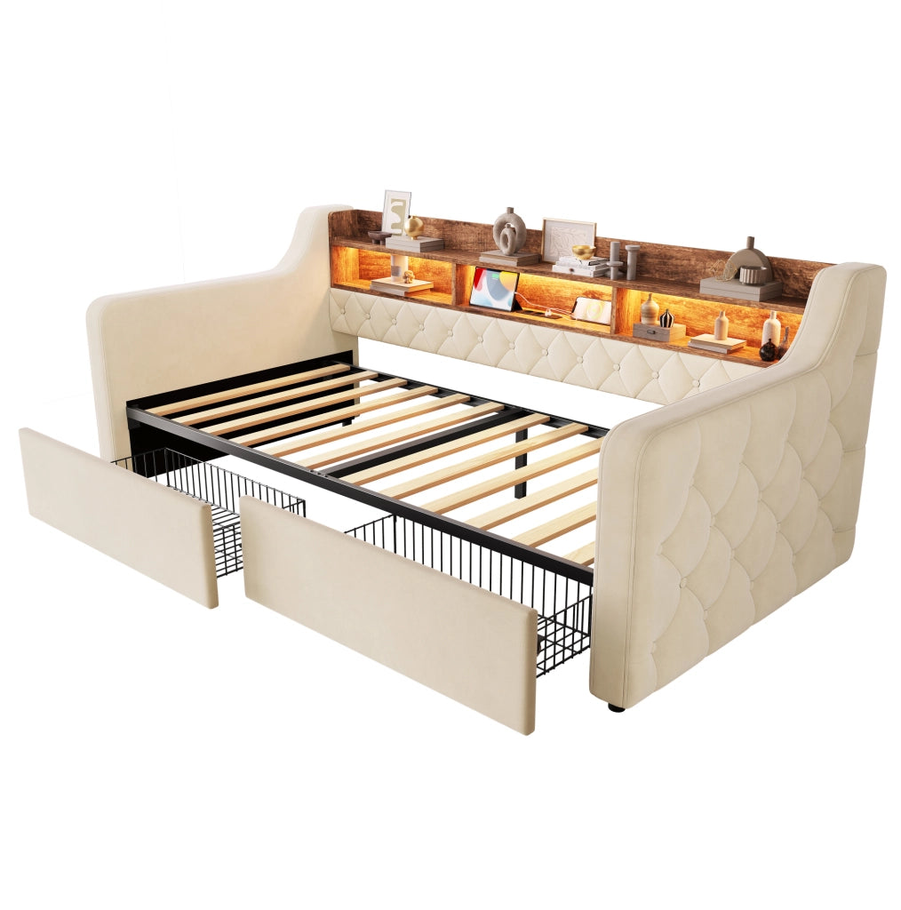 Letto imbottito 90x190 cm con 2 cassetti, LED e testiera in velluto beige
