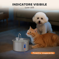 Fontanella per Gatti Ø19,4x18,7 cm Capacità 2,5L con Luce LED e 2 Modalità di Flusso in Acciaio Inox Argento