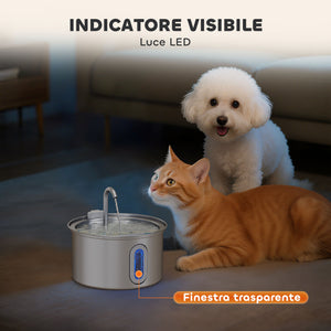 Fontanella per Gatti Ø19,4x18,7 cm Capacità 2,5L con Luce LED e 2 Modalità di Flusso in Acciaio Inox Argento