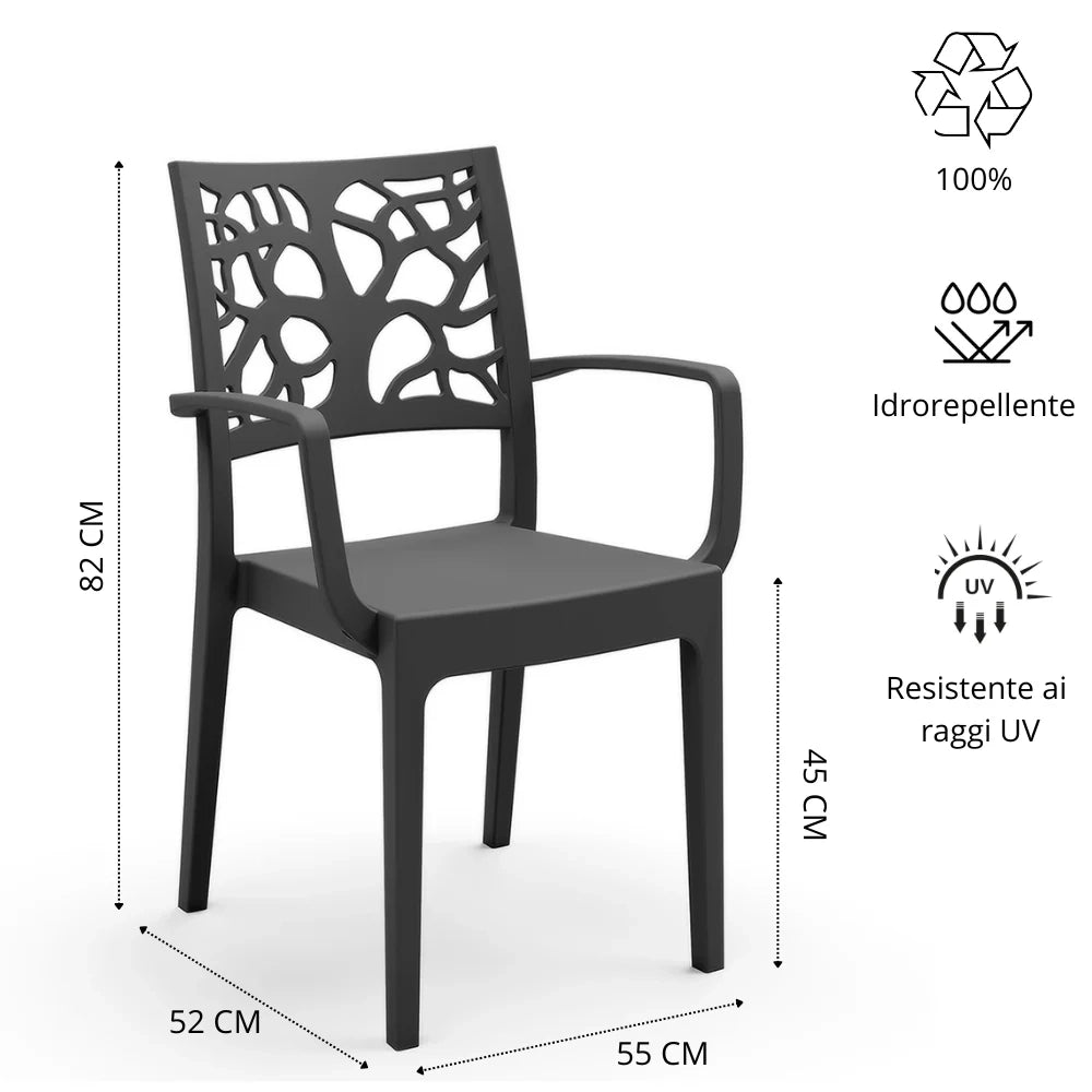 Set 4 sedie con braccioli in polipropilene TETI, impilabile, resistente ai raggi UV, design moderno, ideale per ambienti interni ed esterni, colore Ghisa