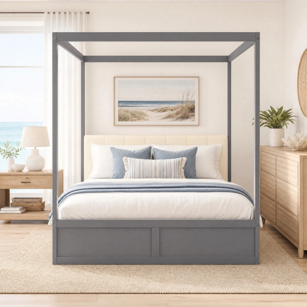 LETTO a tenda 140x200 cm con 2 cassetti e testiera imbottita grigio