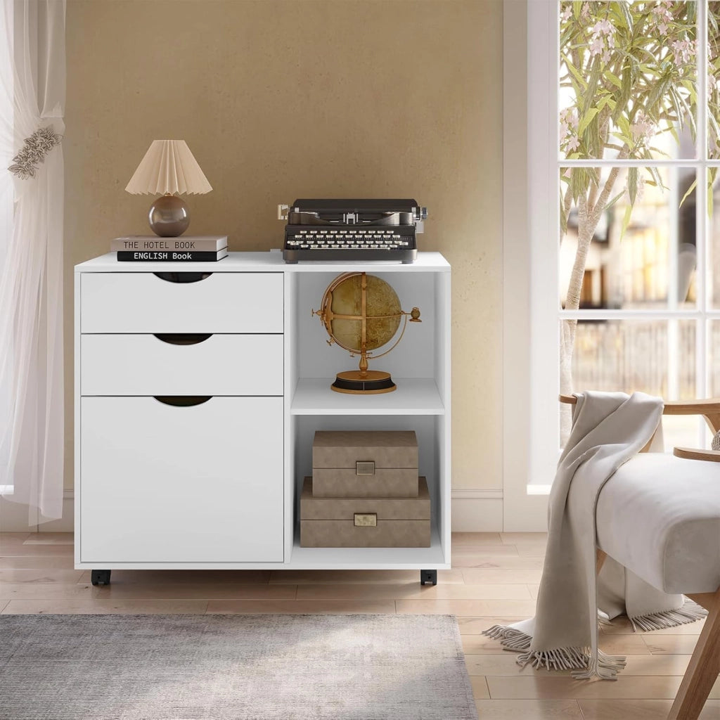 Schedario Mobilet con 3 Cassetti e 2 Ripiani Aperti, Cassettiera con 5 Ruote e Binario per Appendere, Armadio Ufficio per Cartelle e Documenti a4, 80x39,5x69,5 cm, Bianco