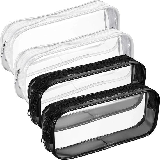 Set di 4 etui in PVC trasparente con cerniera, borse da toeletta portatili, contenitore per penne, contenitore per trucchi, grande contenitore per articoli da ufficio e viaggio (Bianco Nero)