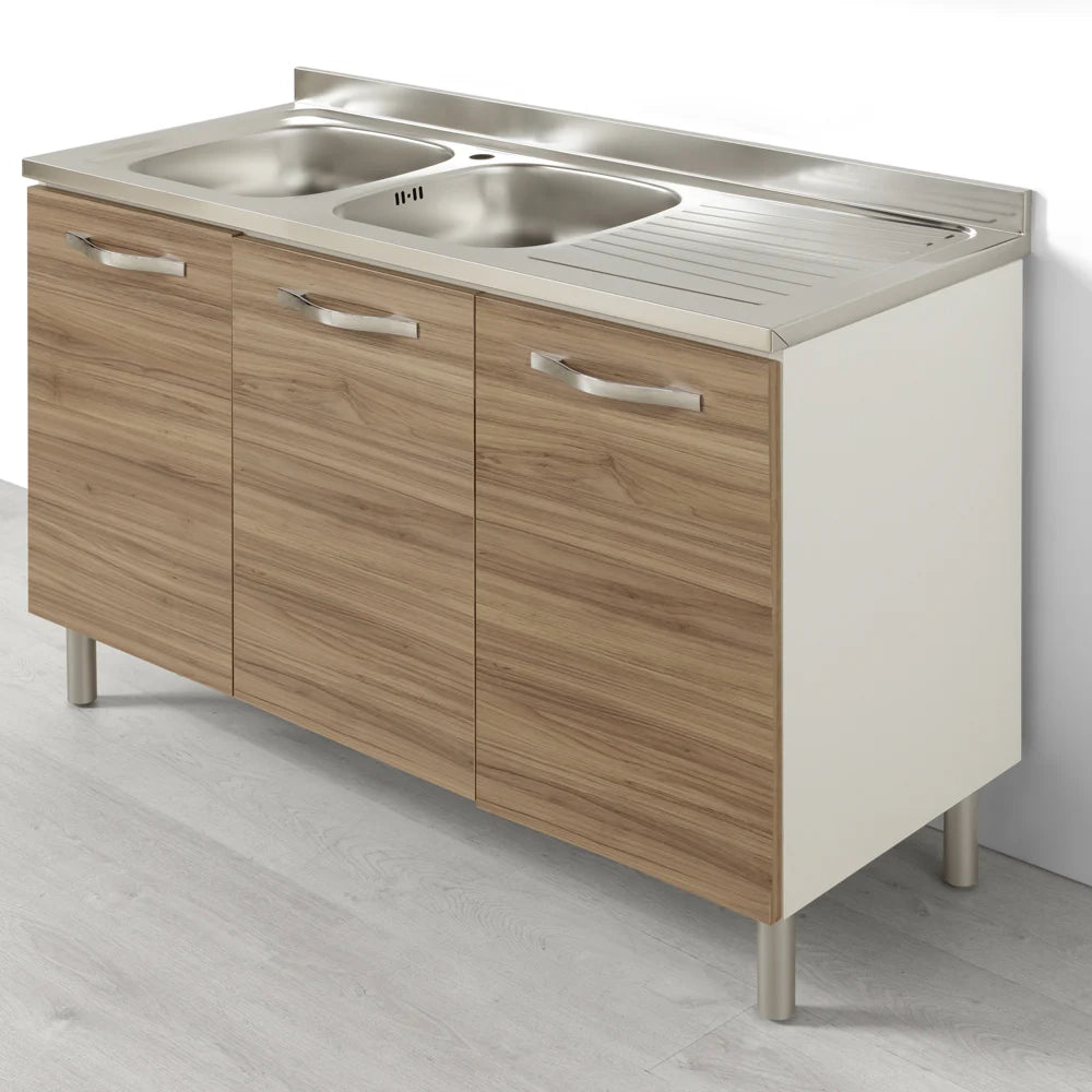 Sotto lavello + Lavello Vs SX per cucina componibile da 120 cm con 3 ante linea MAKA, realizzata in legno 100% MADE IN ITALY, colore Noce