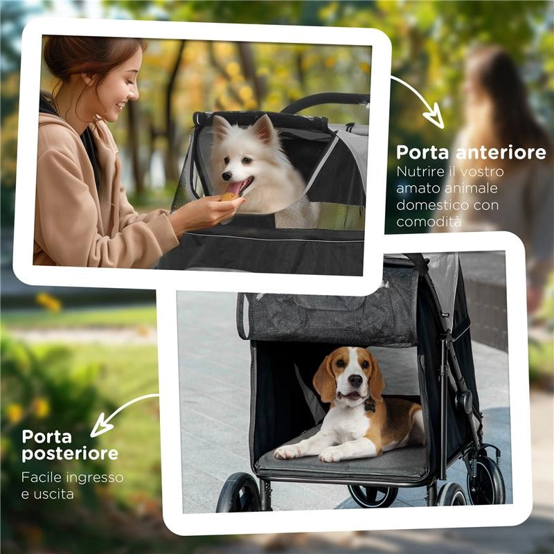 PASSEGGINO PER CANI PIEGHEVOLE CON INGRESSI A CERNIERA E FINESTRE A RETE 112X65X100 CM GRIGIO SCURO E NERO