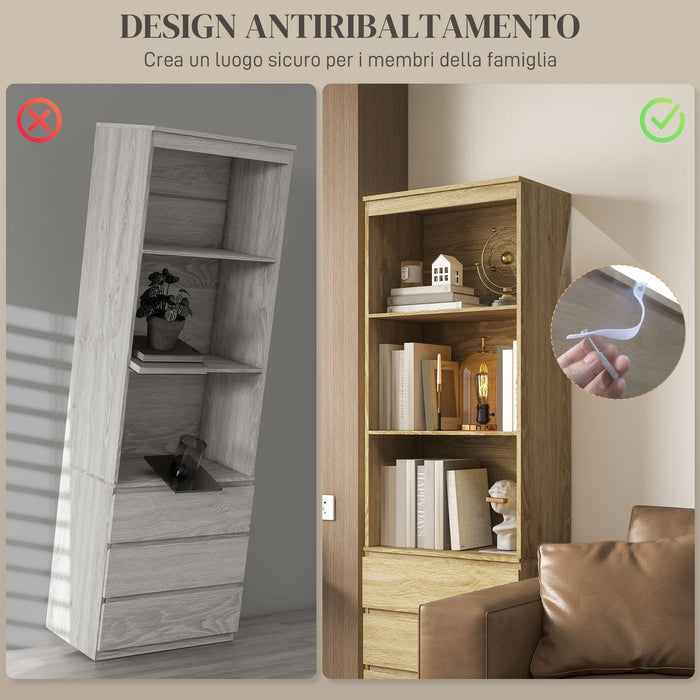 Mobile Libreria con 3 Ripiani e 3 Cassetti 60x35x180 cm in Legno Rovere