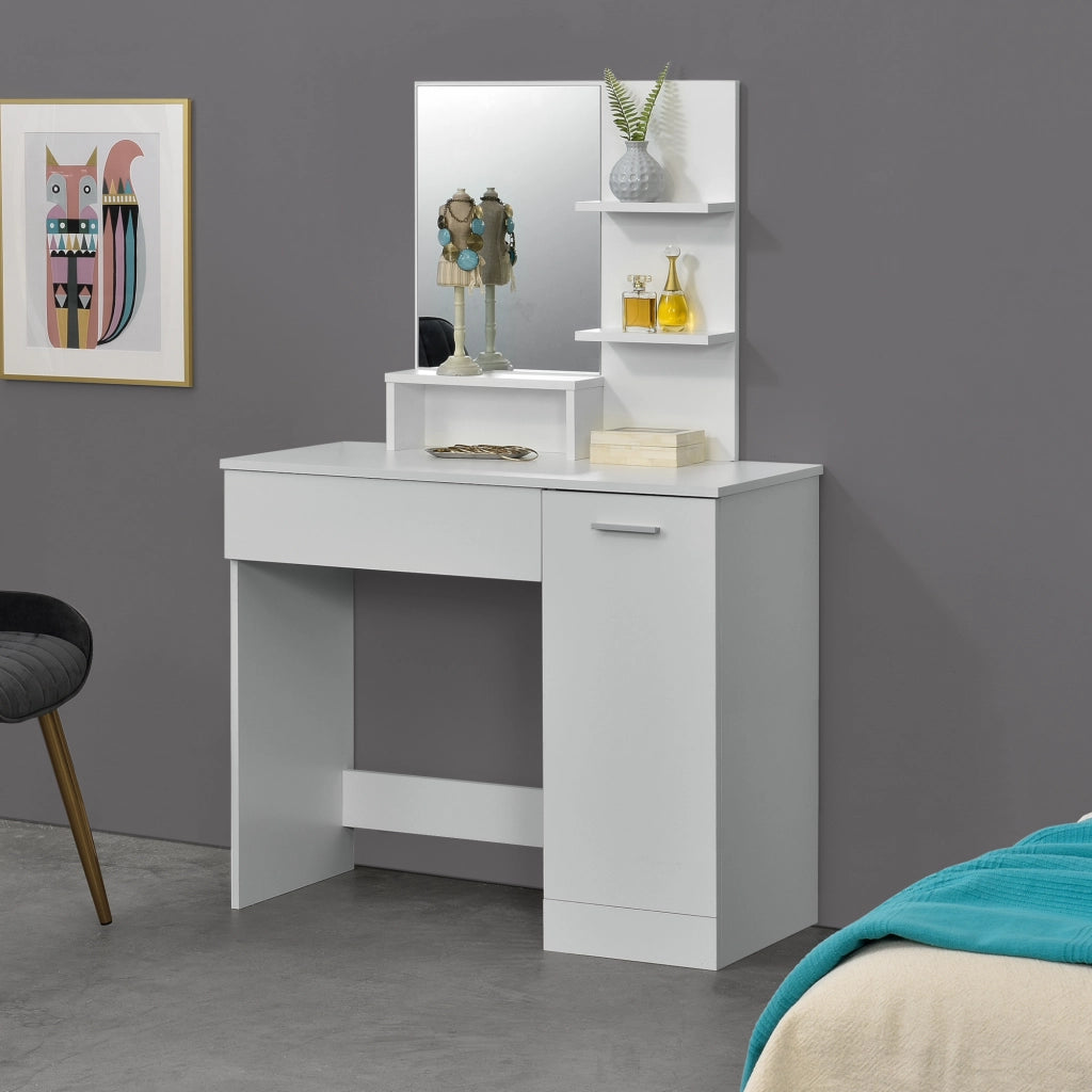 Tavolo da Trucco Krugersdorp Toeletta con Specchio Cassetto Ripiani e Armadietto - Bianco [en.casa]