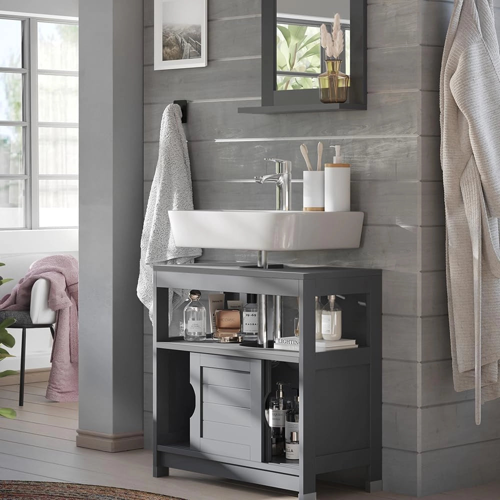 Set di mobili da bagno Vilda, Grigio, 60 cm, composto da specchio da bagno e mobile sottolavabo