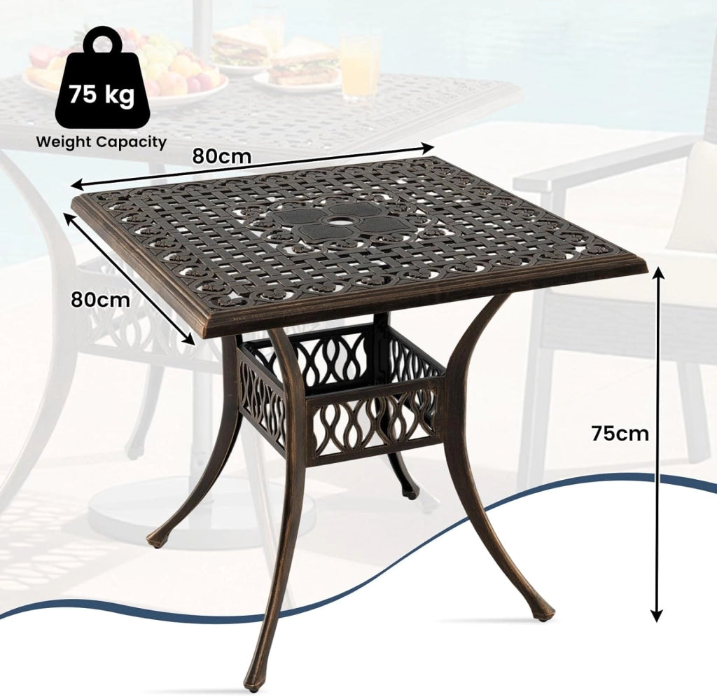 Tavolo da Giardino Con Foro di Ombrellone φ5 cm - da Balcone 80 cm, Bistrot in Alluminio Pressofuso Con Piedini Regolabili, da Terrazza Resistente